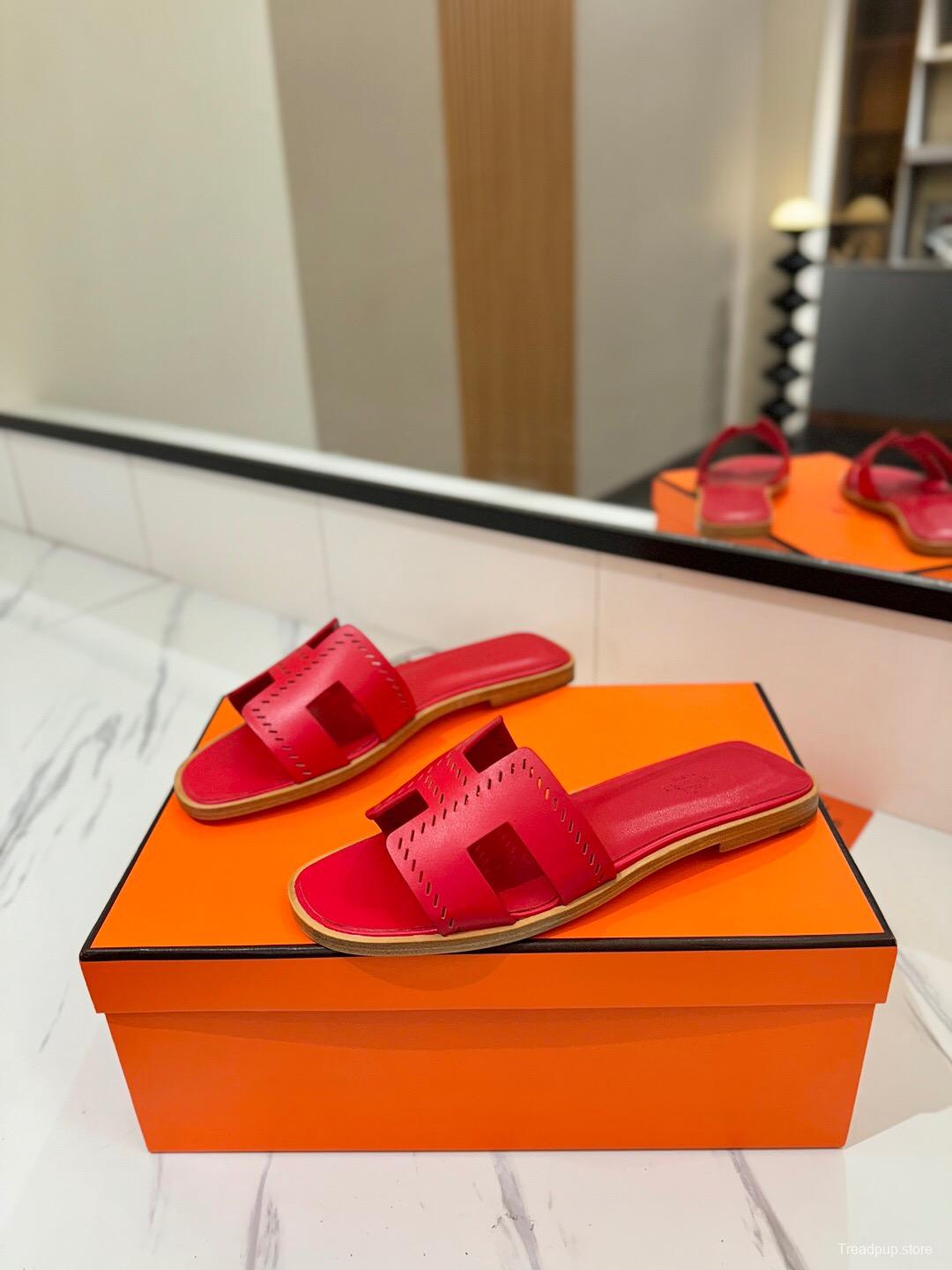2025 Women Hermès Red Leather Slippers KFY00260