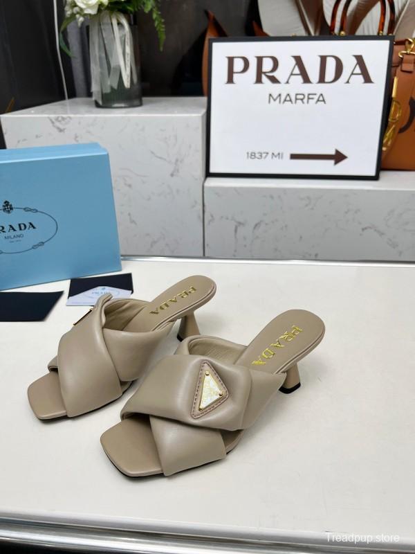 2025 Women Prada Beige Leather High Heel Sandals
