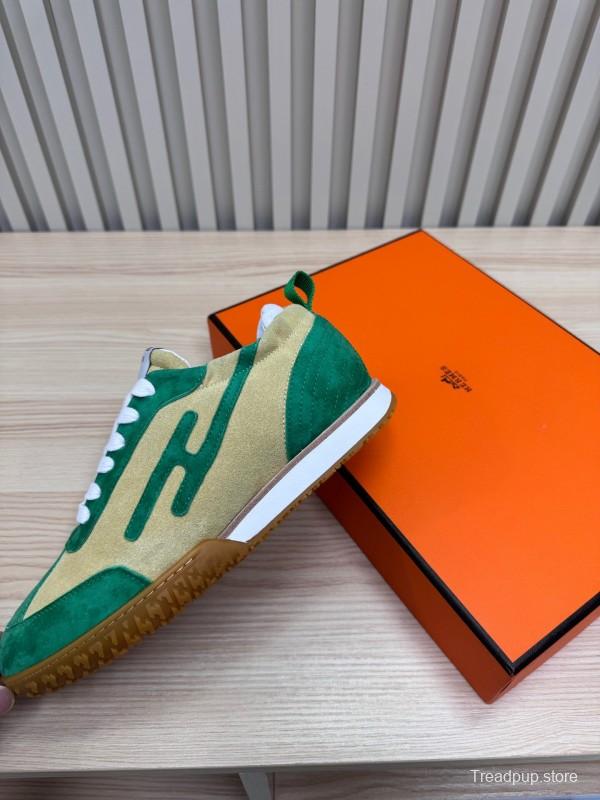 2025 Unisex Hermès Green Beige Suede Down Fabric Sneakers Top Version LY00310