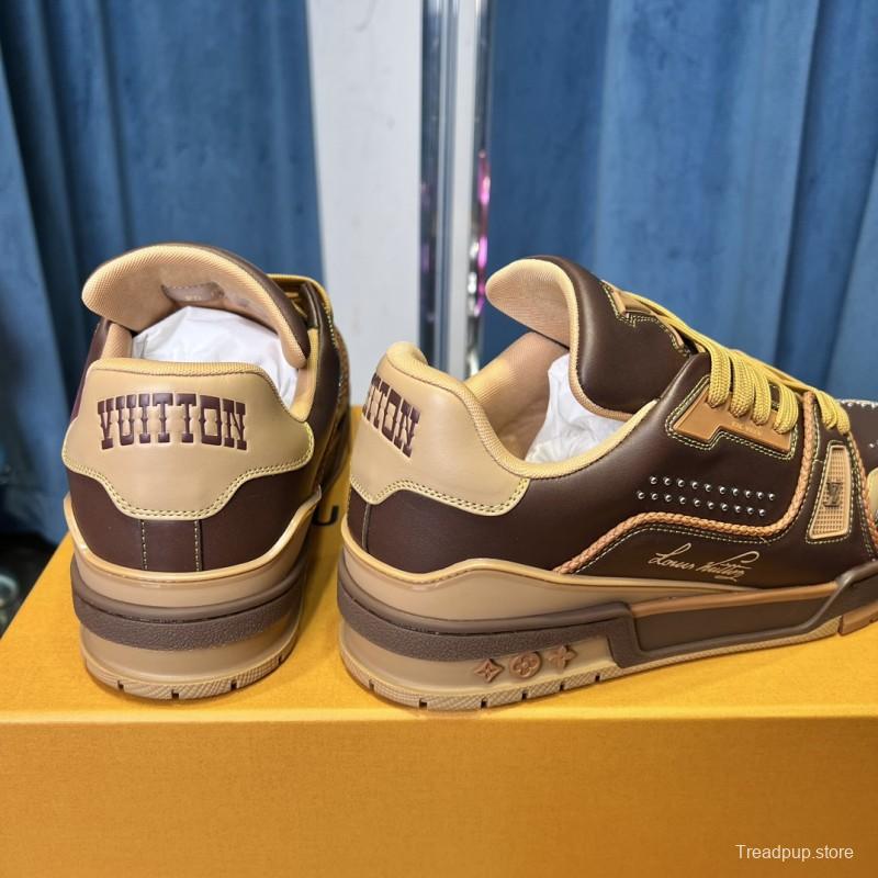2025 Unisex Louis Vuitton Brown Beige Leather LV Trainer