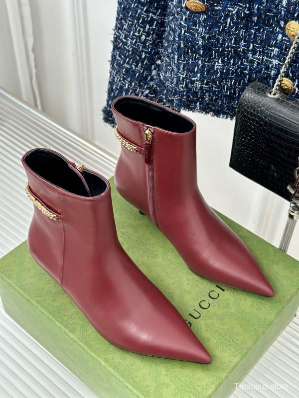 2024 Women Gucci Burgundy Leather Ankle Boots Chain MJ00410