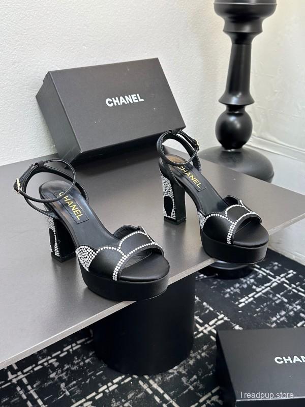 2025 Women Chanel Black Fabric Leather Rhinestone Platform Sandals KFY00320