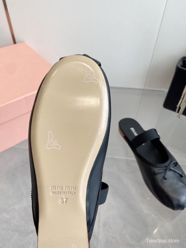 2025 Women Miu Miu Black Leather Ballet Flat Elastic Band
