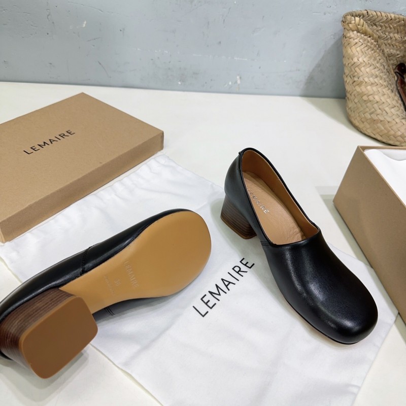 2025 Women LEMAIRE Black Leather Block Heel Shoes