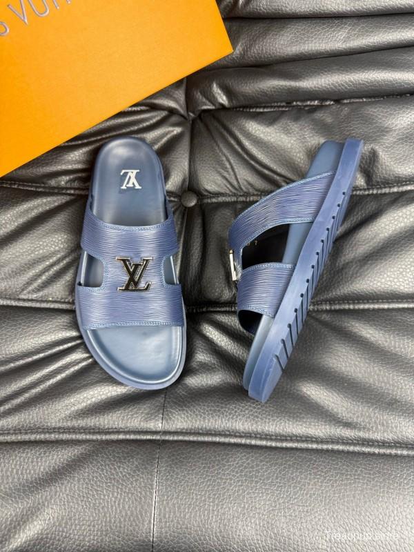 2025 Men Louis Vuitton Blue Leather Slippers AS00170