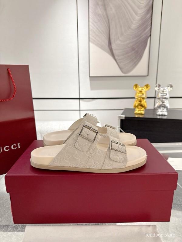 2025 Women Gucci White Leather Slippers Double G Embossed AS00240