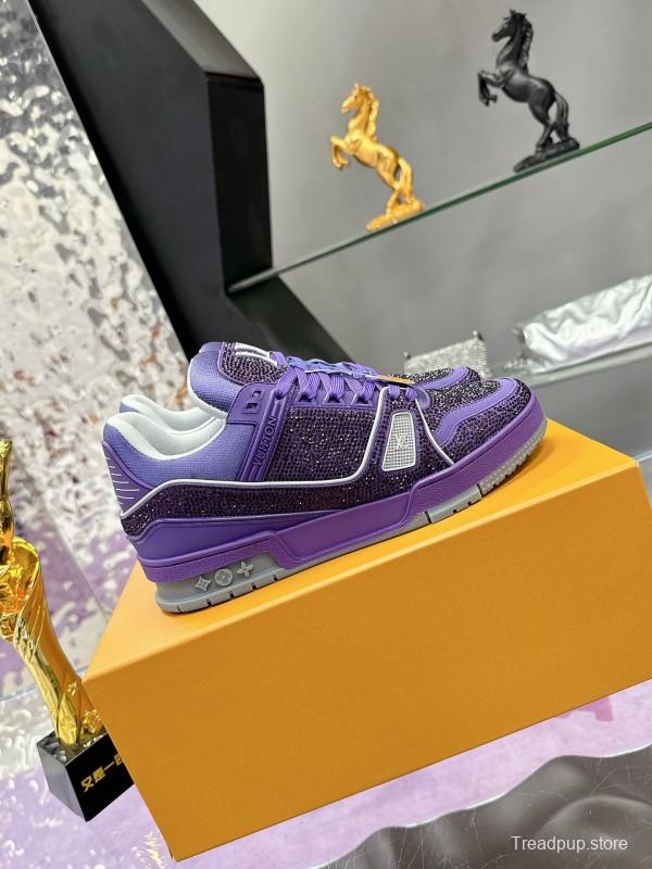 2025 Women Louis Vuitton Purple Blue Leather Plimsolls Handcrafted Rhinestone AS00400