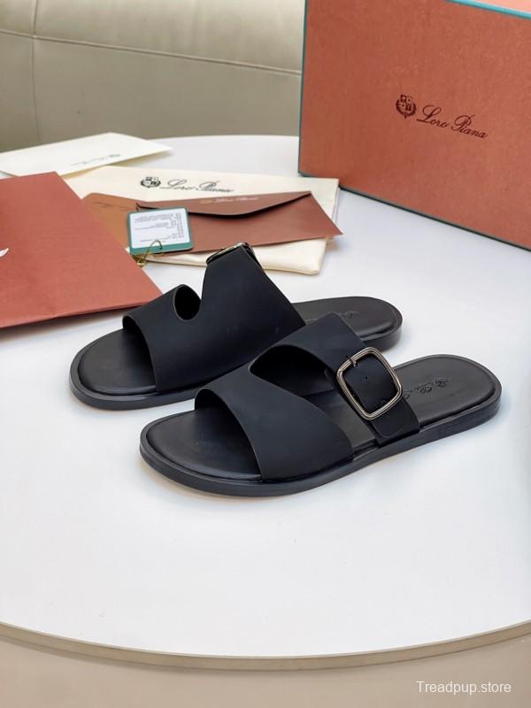 2025 Men Loro Piana Black Leather Slippers Buckle AS00250