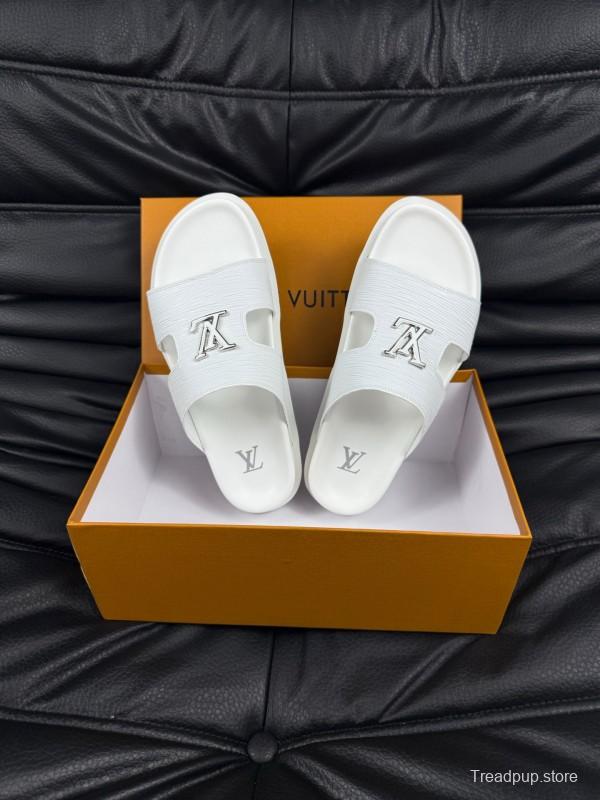 2025 Men Louis Vuitton White Leather Slippers AS00170