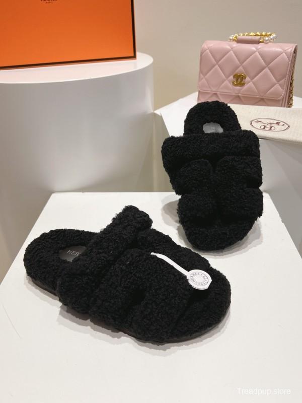 H Love Erjiu Full Wool Slippers with Wavy Fur Design - LY00270
