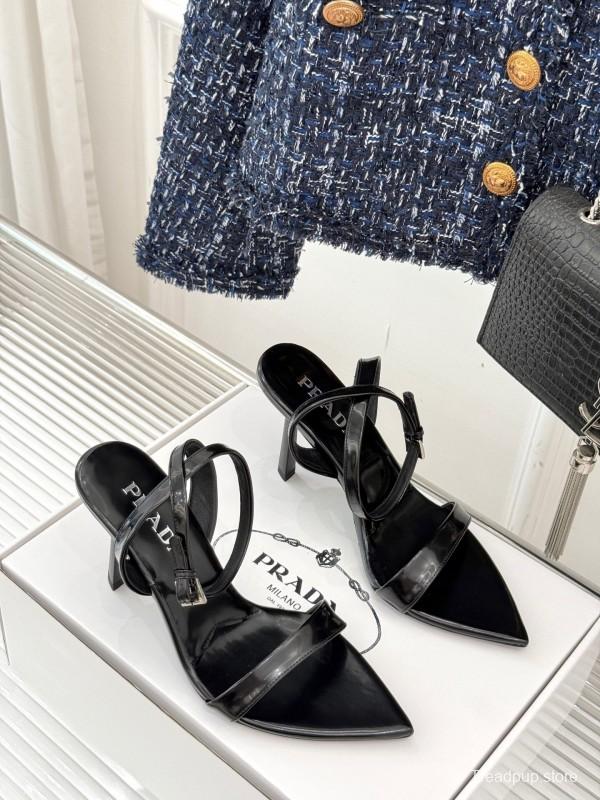 Prada 2025 SS Triangular Buckle Pointed Toe High Heel Sandals - KFY00280