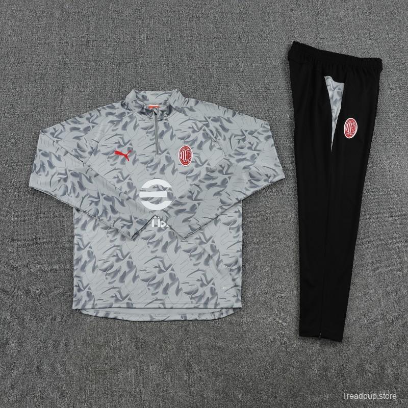 Player Version 25/26 AC Milan Grey with Camouflage Pattern Half Zipper Jacket Tracksuit +Long Pants
